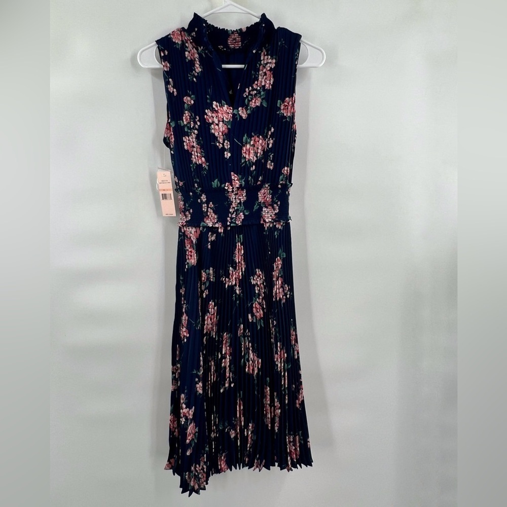 Nanette Lepore navy pink floral print sleeveless dress sz 2 pleated sleeveless